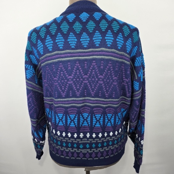 Vintage 90’s Nuovo New Forces Large Knit Sweater Button Blue Geometric Cardigan - Picture 4 of 7